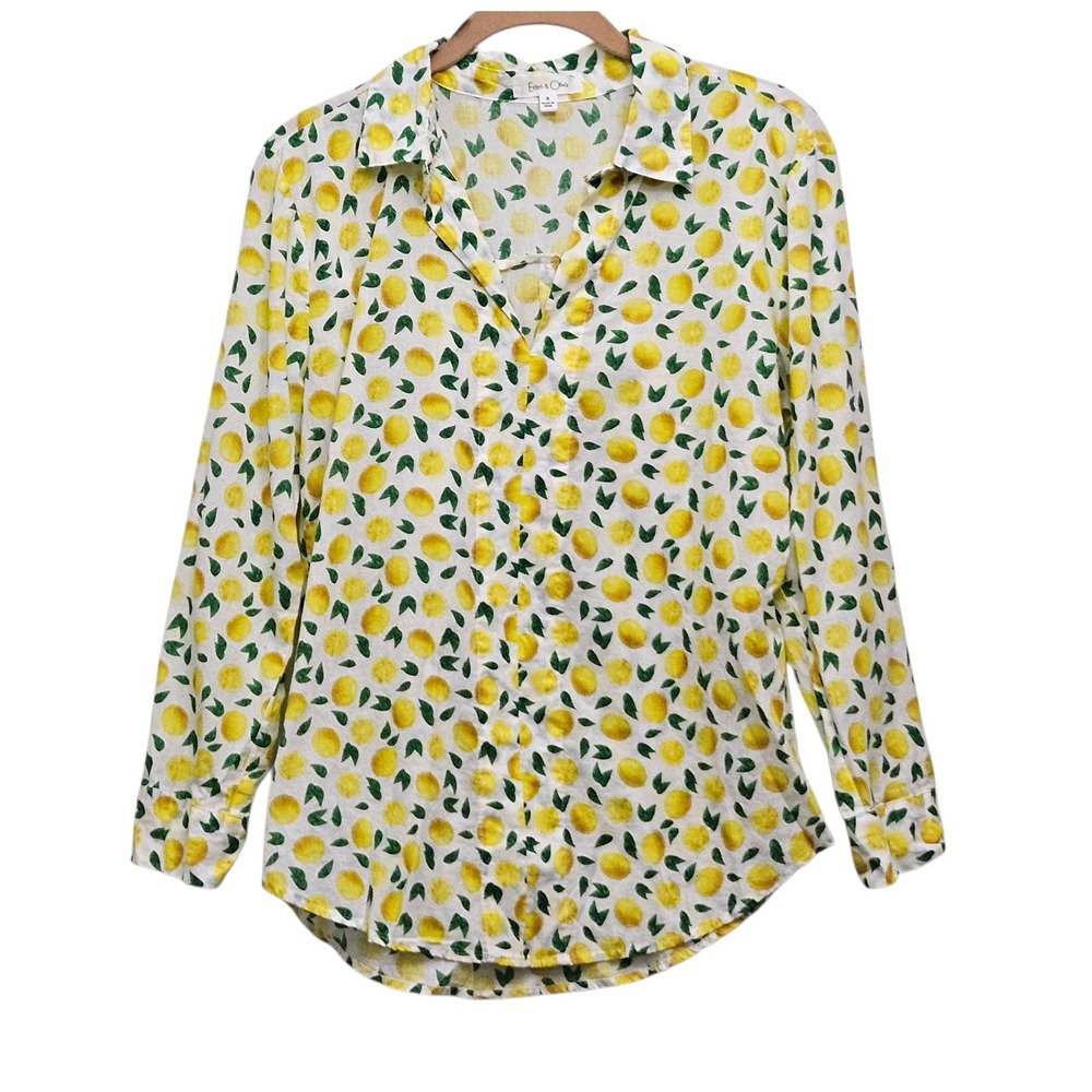 Eden & Olivia Button Down Women S White Lemon Print Cotton Coastal Summer Top